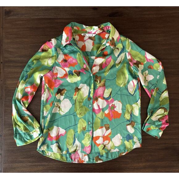 Zara Top Blouse Satin Floral Print Colorful Button Up Shirt S - Picture 1 of 7